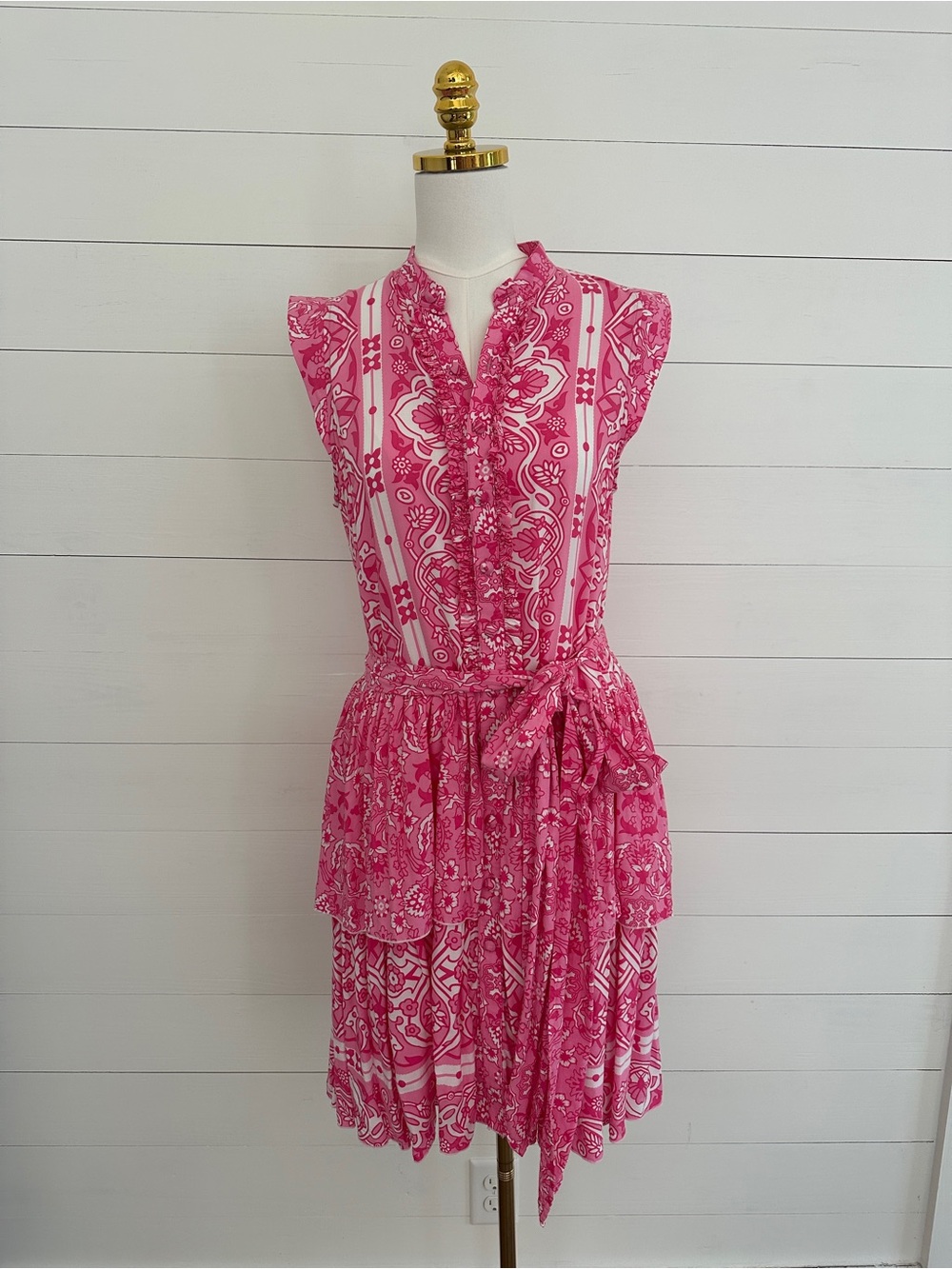 Pink Printed Ruffle Tie-Waist Dress